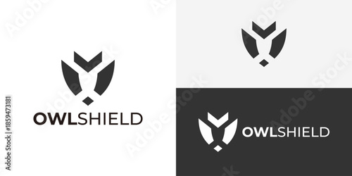 Creative simple owl shield logo template. Abstract owl bird with shield symbol logo design vector illustration.