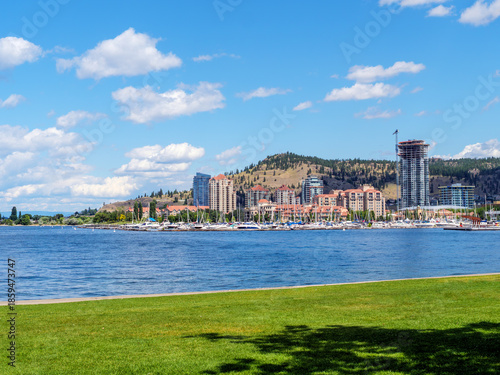 Waterfront walkway through the park in downtown of Kelowna