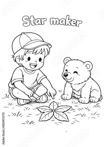 coloring book boy making a star shape from leaves with honey bear
