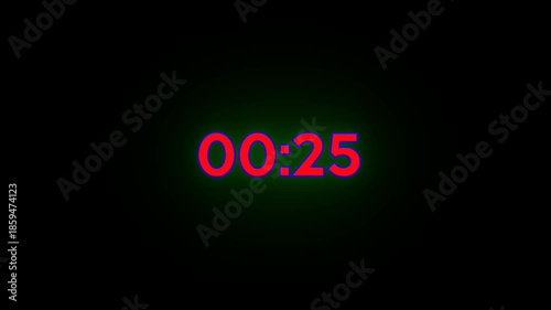 Digital Countdown Timer 00:30 sec on Black Background, 25 Second Countdown Timer.