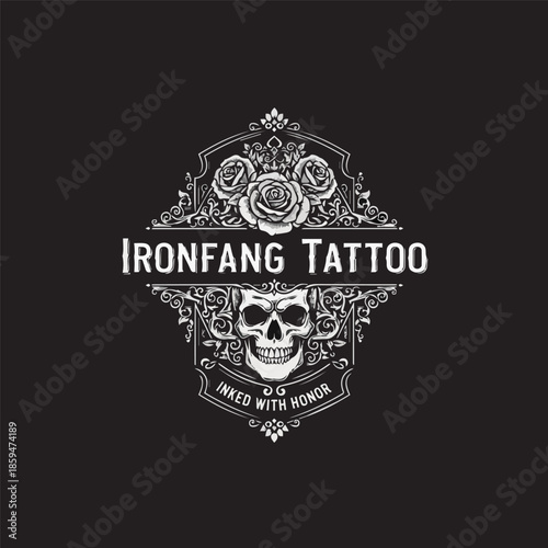 Vintage Ornamental Skull and Rose Tattoo Emblem Logo – Dark Gothic Style, Suitable for Tattoo Studio, Barbershop, Apparel Brand, and Metal Merchandise