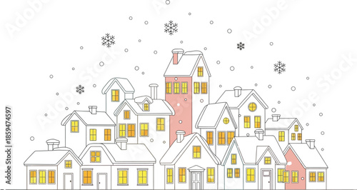 Charming pastel colored village houses nestled together under a gentle snowfall with warmly lit windows depicting a cozy winter scene