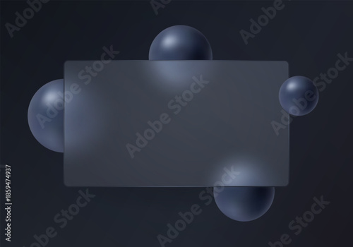 Dark glass morphism banner with translucent rectangular panel and soft floating spheres on a deep gradient background