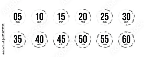 Set of timer icons. Clock symbols, stopwatch timer icons. Cooking time icons.