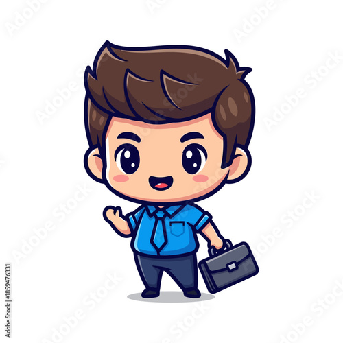 Cute animated businessman character with briefcase ready for work or business