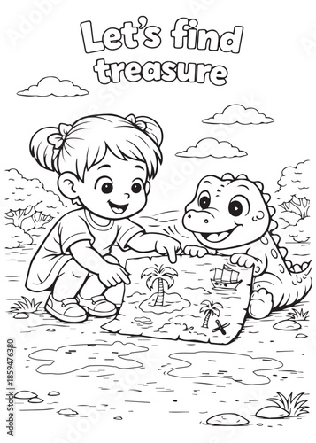 coloring book girl finding treasure map with baby crocodile explorer game