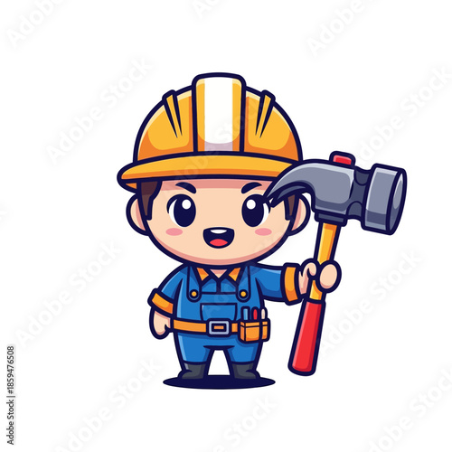 Adorable cartoon construction worker holding hammer and surveying tool in