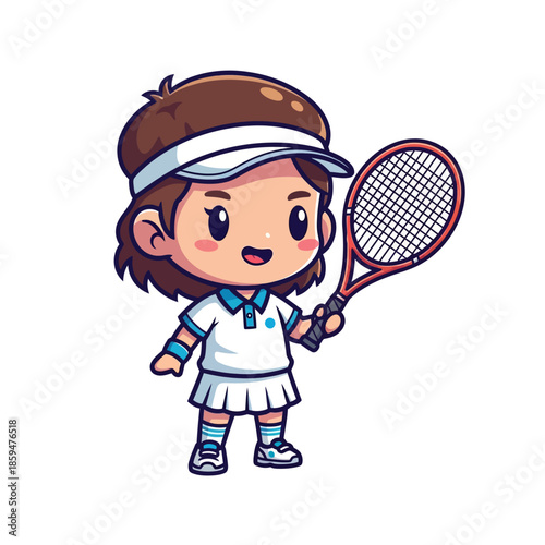 Adorable cartoon girl tennis player with brown hair wearing a white sports