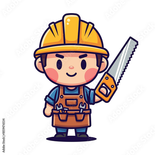 Cute cartoon construction worker with a yellow helmet holding a saw and