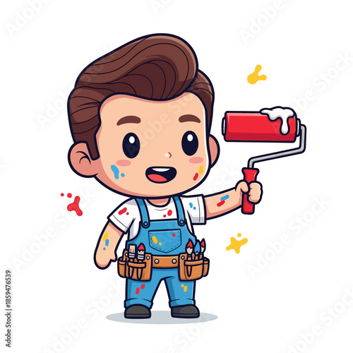 Cute cartoon builder with paint roller and cheerful expression engaging in