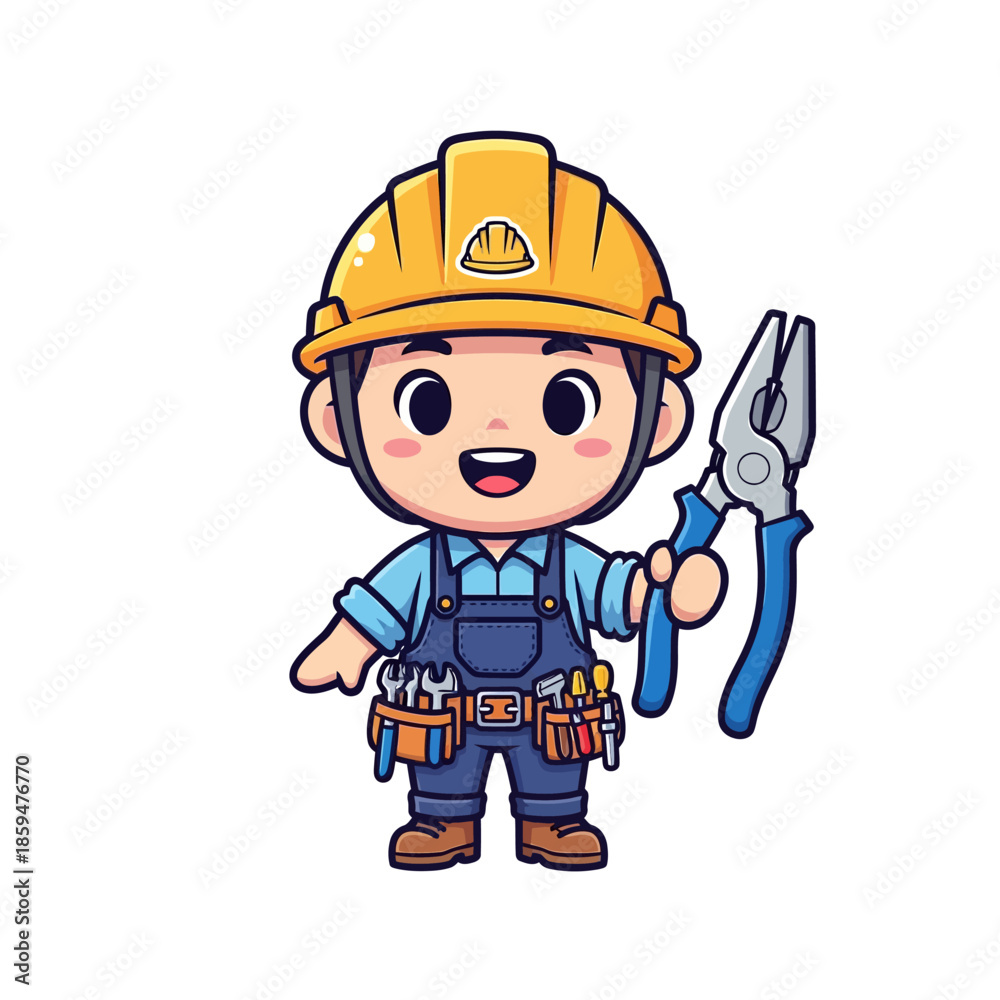 Fototapeta premium Cute cartoon construction worker with helmet and pliers in a cheerful pose