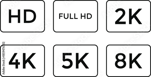 Video resolutions icon.  Screen quality symbols. HD 4K 8K graphic design. Display dimension and playback signs. High definition symbols
