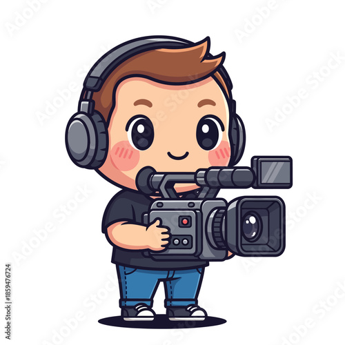 Adorable cartoon child operating a professional video camera with headphones