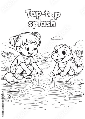 coloring book girl splashing water play with baby crocodile
