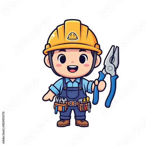 Cute cartoon construction worker with helmet and pliers in a cheerful pose
