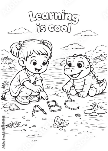 coloring book girl learning letters ABC with baby crocodile education play