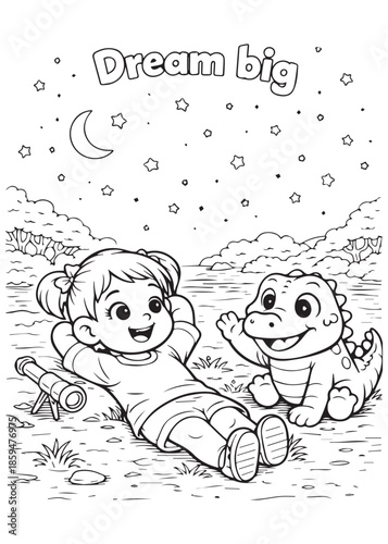 coloring book girl dreaming big with baby crocodile night scene