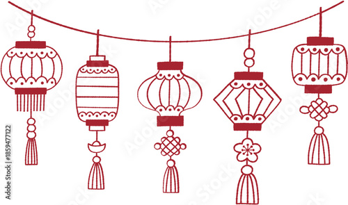 Chinese Lantern Border Vector Line Art Illustration