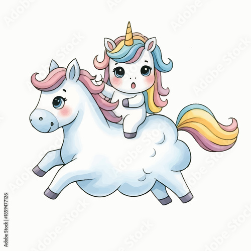 A cute funny cartoon unicorn smiling happily with animal friends on a farm in a colorful illustration