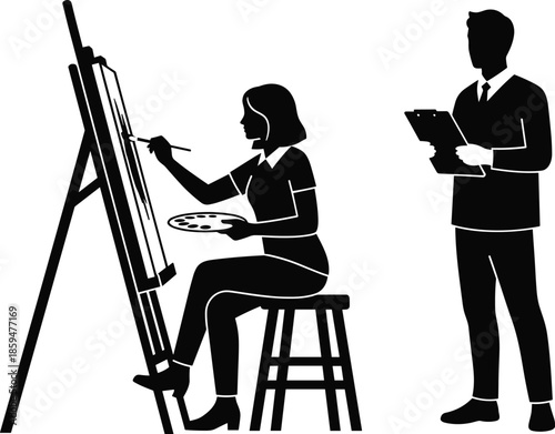 Female artist painting on easel with art instructor silhouette illustration showing creative education process isolated black and white vector design