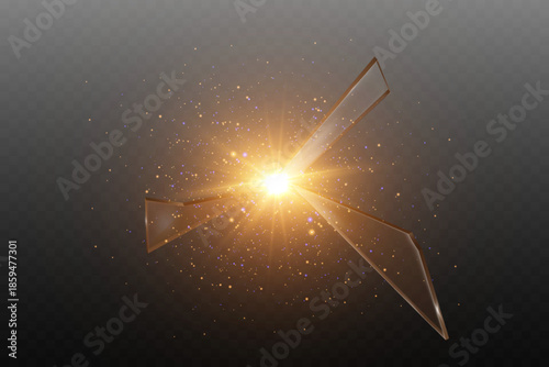 Explosion of glass shards with glowing lights and flashes.