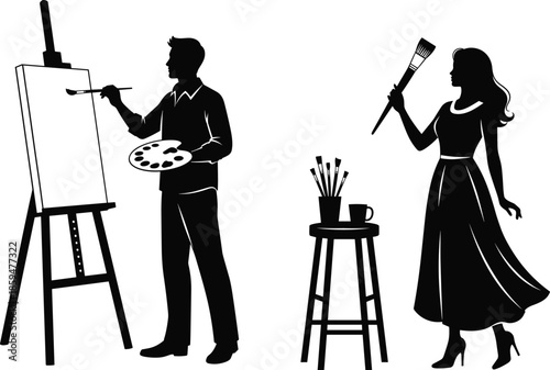 Male and female artist painting silhouette illustration with easel brushes palette showing creative studio process isolated black and white vector