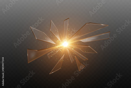 Explosion of glass shards with glowing lights and flashes.