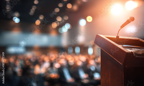 A podium with a microphone stands in front of a blurred audience in a large auditorium lit by bright stage lights