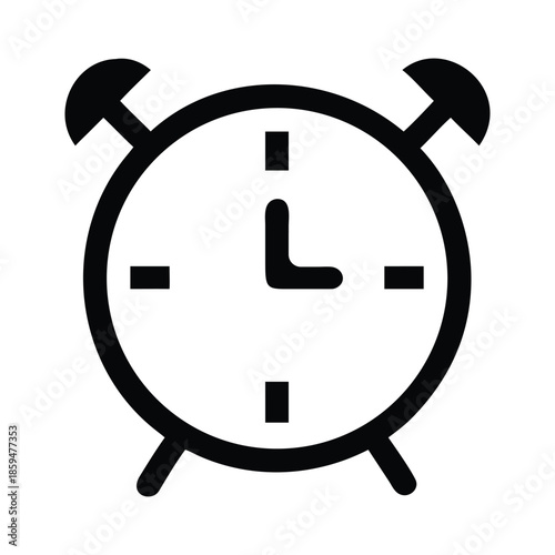 A simple black and white illustration of a classic alarm clock showing approximately ten past ten