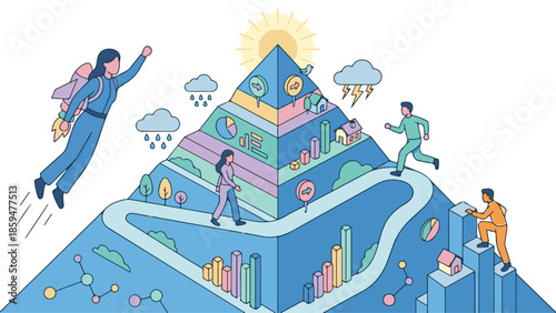 Journey to success: People achieving goals on a layered pyramid structure