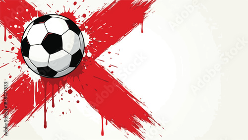 Classic soccer ball over red paint splatter cross design on white background
