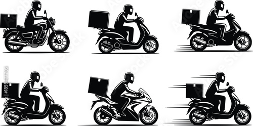 Food delivery rider scooter and motorcycle silhouette set showing fast courier service isolated black and white vector illustration collection
