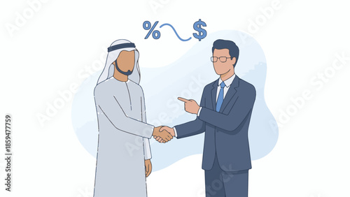 Businessmen handshake finalizing a financial agreement with finance symbols.