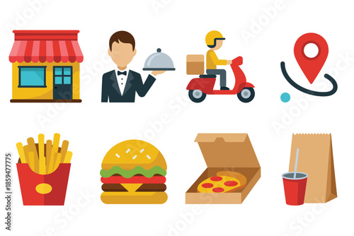 Food delivery flat icon set, restaurant fast food location icons collection, showing takeout service, fast food meals, restaurant locations, delivery graphics and simple flat vector illustration 