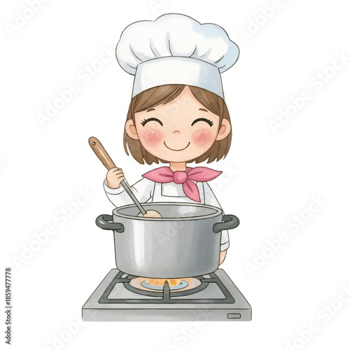 A little girl chef wearing a hat and apron cooks food in a kitchen using a pan