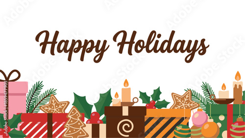 Happy Holidays text with festive Christmas gifts, candles, and ornaments