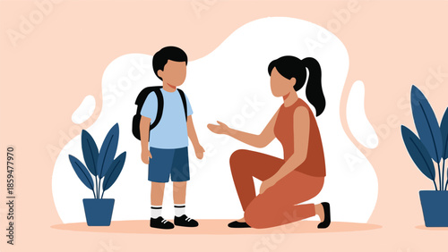 Mother talking to her son before school, family interaction and education