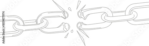 Simple black and white line art illustration depicting a strong metal chain link suddenly breaking apart demonstrating freedom and separation concepts clearly