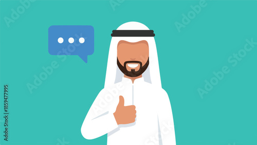 Smiling Middle Eastern man giving thumbs up gesture with speech bubble