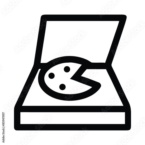 An outline of a pizza in a cardboard box depicted with a slice missing shown in black