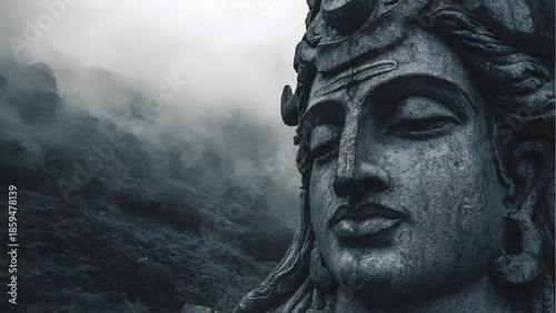 Shiva Stone Statue Face Close Up in Misty Mountains Dark Spiritual Background