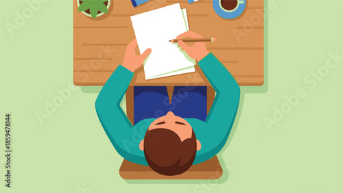 Overhead view of person writing on paper at a wooden desk with coffee