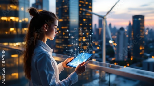 Professional female engineer using digital tablet to monitor vertical axis wind turbines on modern sustainable city
