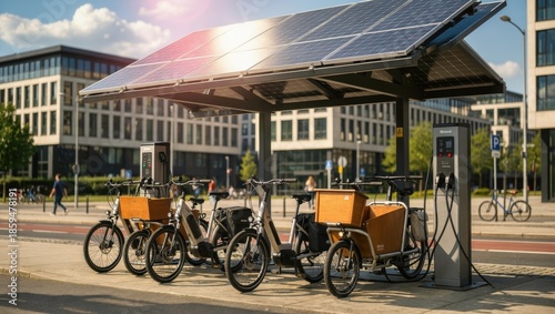 Electric Cargo Bikes Parked at Sustainable Solar Powered Charging Station Hub in Modern Eco-Friendly Urban District with Sunlight Lens Flare