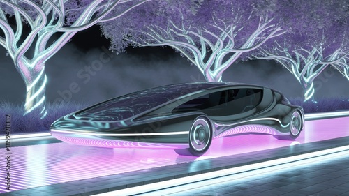 Futuristic Nighttime Street Scene Featuring Kinetic Energy Generating Pavement Tiles and Bioluminescent Trees in Sustainable Smart City