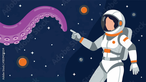 Astronaut pointing at a mysterious giant octopus tentacle in deep space