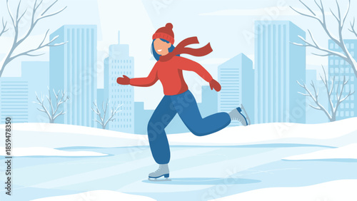 Illustration of a happy woman ice skating in a snowy winter city park