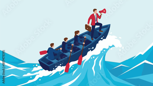 Business leader guiding team through challenging waters with strong vision