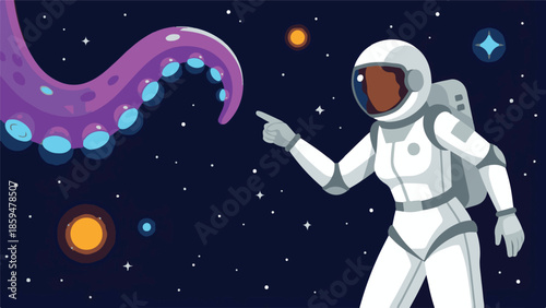 Female astronaut encountering a glowing purple alien tentacle in deep space