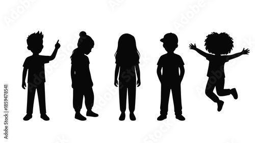 Diverse children silhouettes standing and jumping on a white background